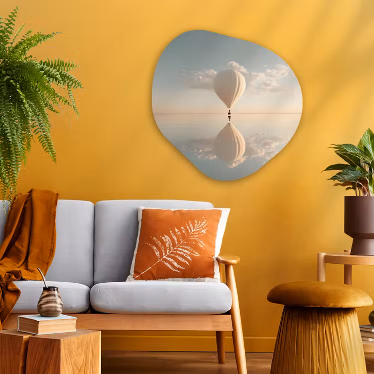 Luchtballon - Wolken - Water - Blauw Wandcirkel Organisch Plexiglas middel -sfeer4