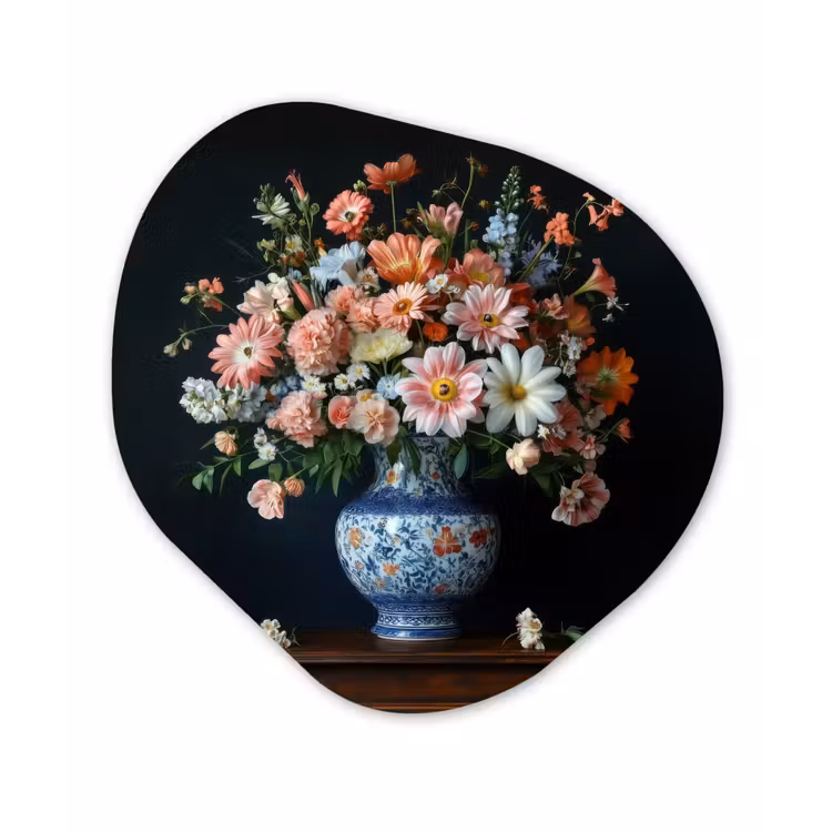 Hout - Vaas - Kleuren - Bloemen Wandcirkel Organisch Plexiglas middel -3d