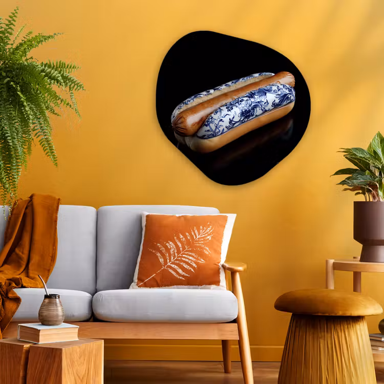 Hotdog - Porselein - Delfts blauw - Eten Wandcirkel Organisch Plexiglas middel -sfeer4