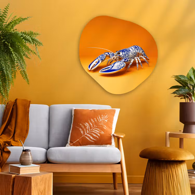 Kreeft - Delftsblauw - Schild - Stoer - Oranje Wandcirkel Organisch Plexiglas middel -sfeer4