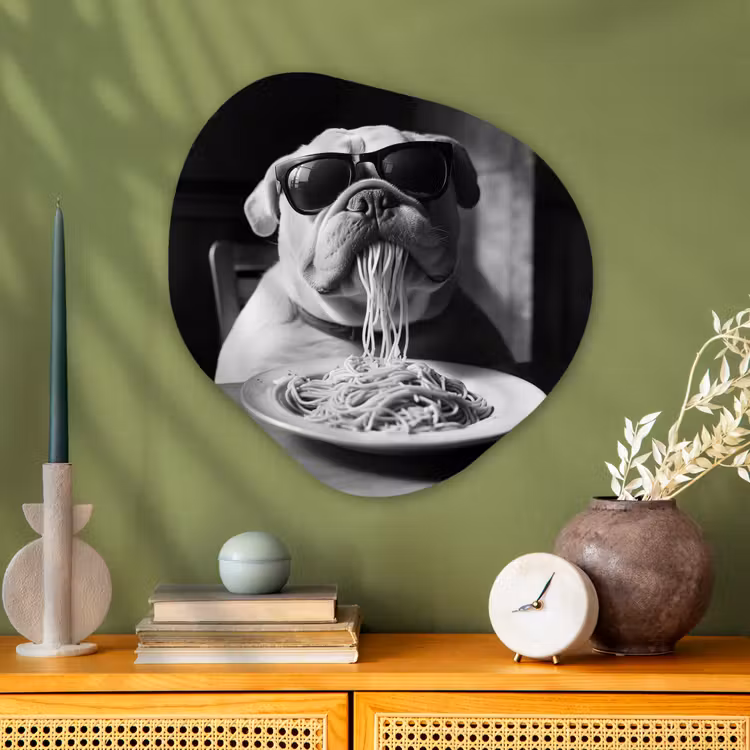 Hond - Bulldog - Pasta - Bril - Stoer - Dieren Wandcirkel Organisch Plexiglas middel -sfeer2