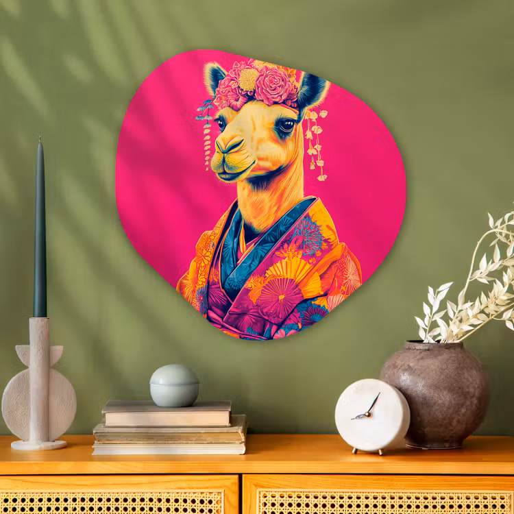 Kameel - Bloemen - Kimono - Waaiers Wandcirkel Organisch Plexiglas middel -sfeer2