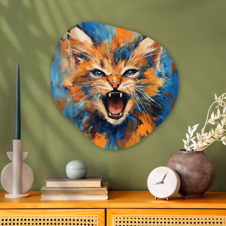Kat - Kleurrijk - Oranje - Blauw Wandcirkel Organisch Plexiglas middel -sfeer2