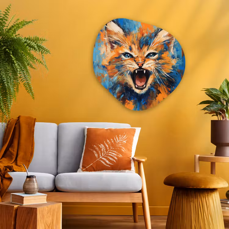 Kat - Kleurrijk - Oranje - Blauw Wandcirkel Organisch Plexiglas middel -sfeer4