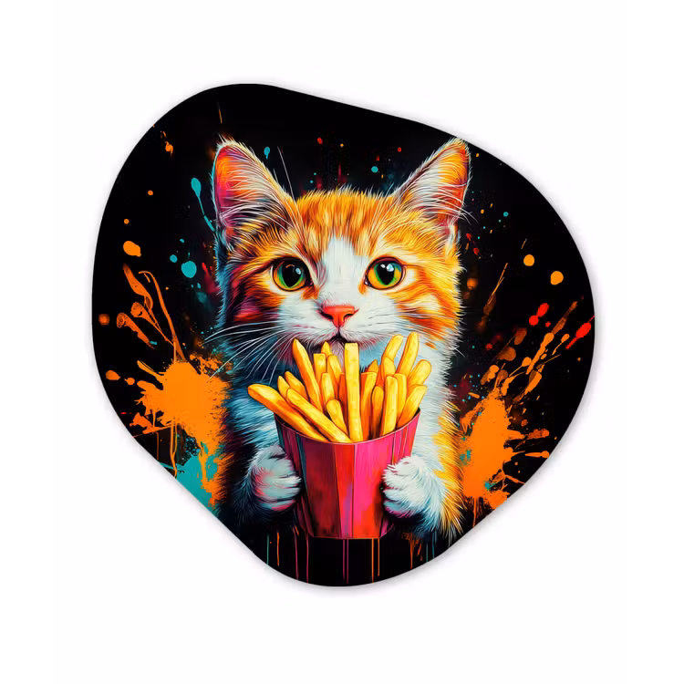 Kat - Eten - Patat - Graffiti - Abstract Wandcirkel Organisch Plexiglas middel -3d