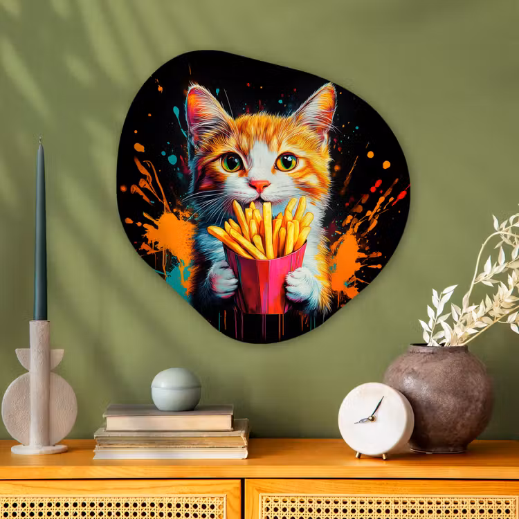 Kat - Eten - Patat - Graffiti - Abstract Wandcirkel Organisch Plexiglas middel -sfeer2