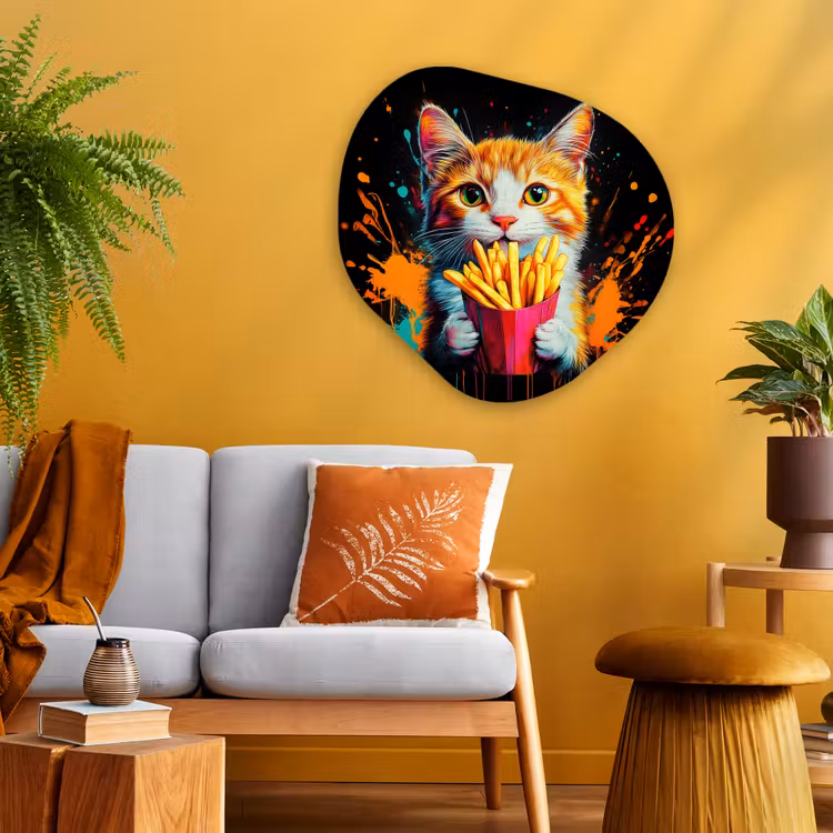 Kat - Eten - Patat - Graffiti - Abstract Wandcirkel Organisch Plexiglas middel -sfeer4