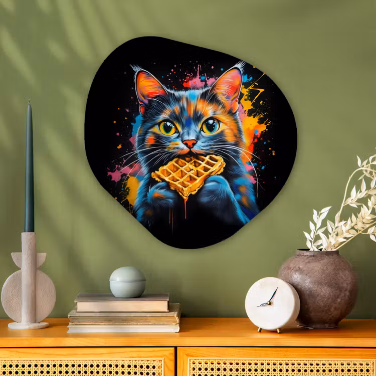 Kat - Graffiti - Kleurrijk - Wafel - Eten Wandcirkel Organisch Plexiglas middel -sfeer2