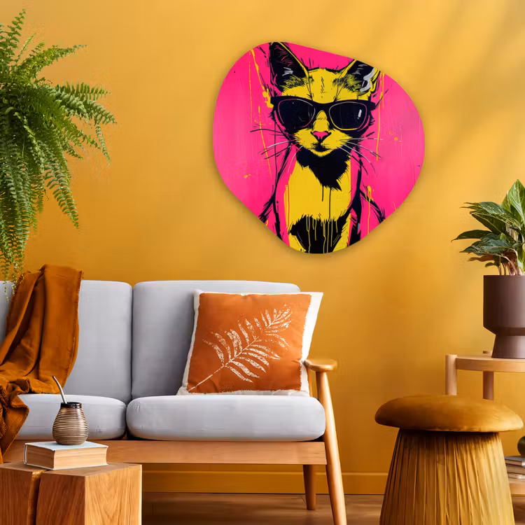 Kat - Art - Zonnebril - Roze Wandcirkel Organisch Plexiglas middel -sfeer4