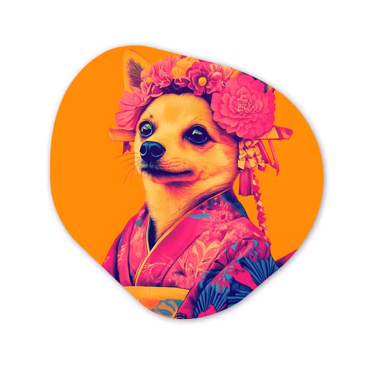 Kimono - Hondje - Bloemenkroon - Oranje Wandcirkel Organisch Plexiglas middel -3d