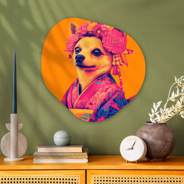 Kimono - Hondje - Bloemenkroon - Oranje Wandcirkel Organisch Plexiglas middel -sfeer2