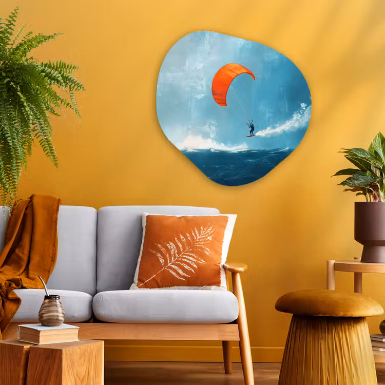 Kitesurfer - Oranje - Zee - Lucht Wandcirkel Organisch Plexiglas middel -sfeer4