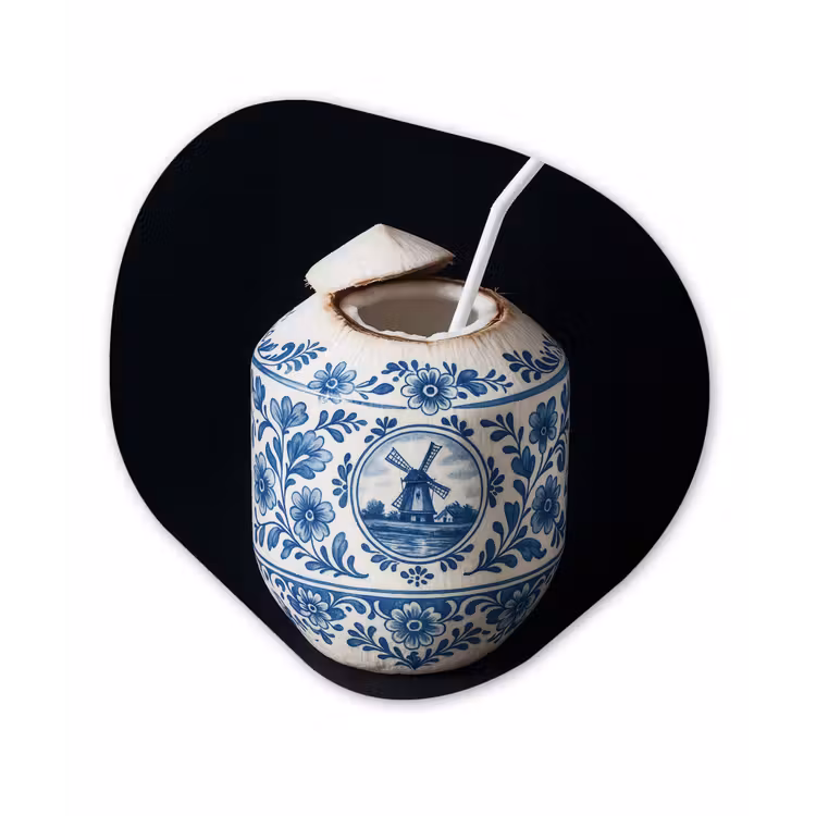 Kokosnoot - Eten - Delfts blauw - Drinken Wandcirkel Organisch Plexiglas middel -3d