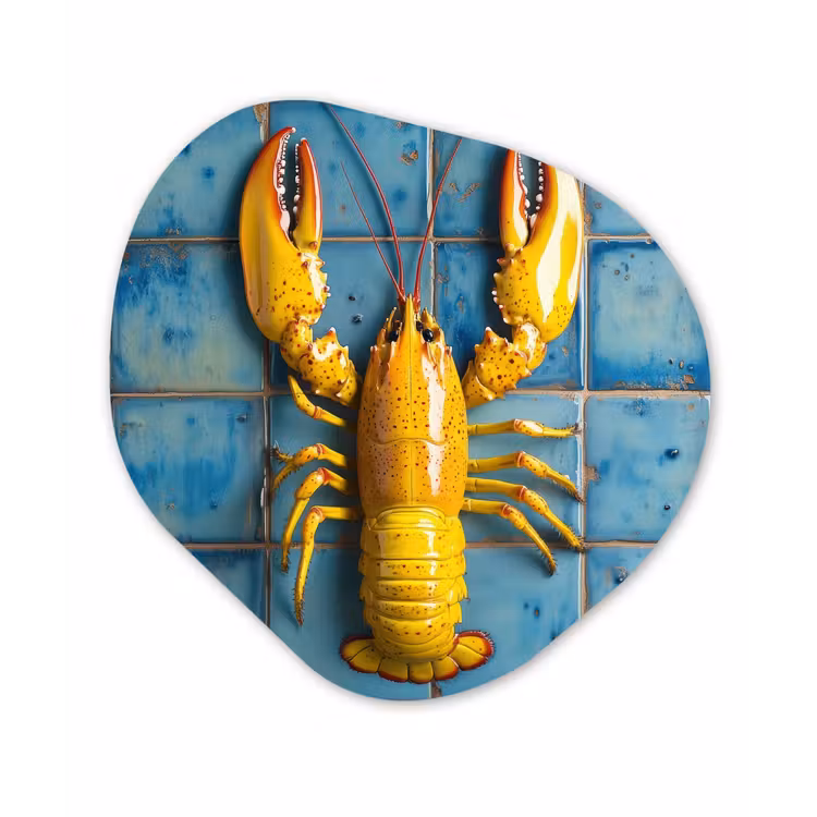 Kreeft - Geel - Blauw - Tegels Wandcirkel Organisch Plexiglas middel -3d