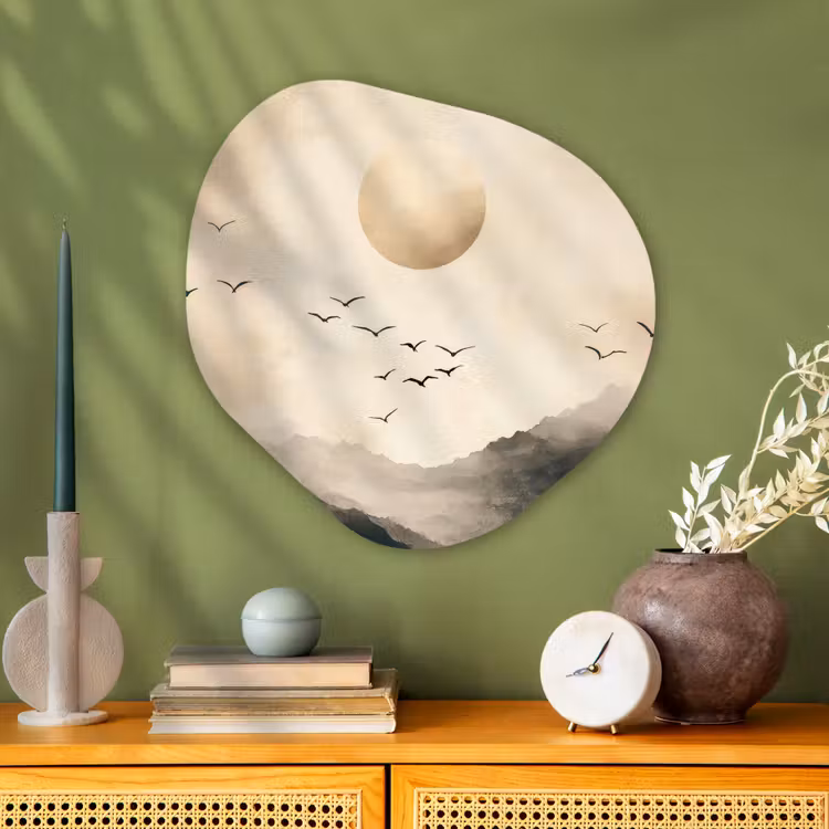 Landschap - Japandi - vogel Wandcirkel Organisch Plexiglas middel -sfeer2