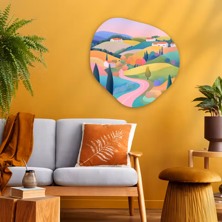Landschap - Paars - Pastel - Huizen Wandcirkel Organisch Plexiglas middel -sfeer4