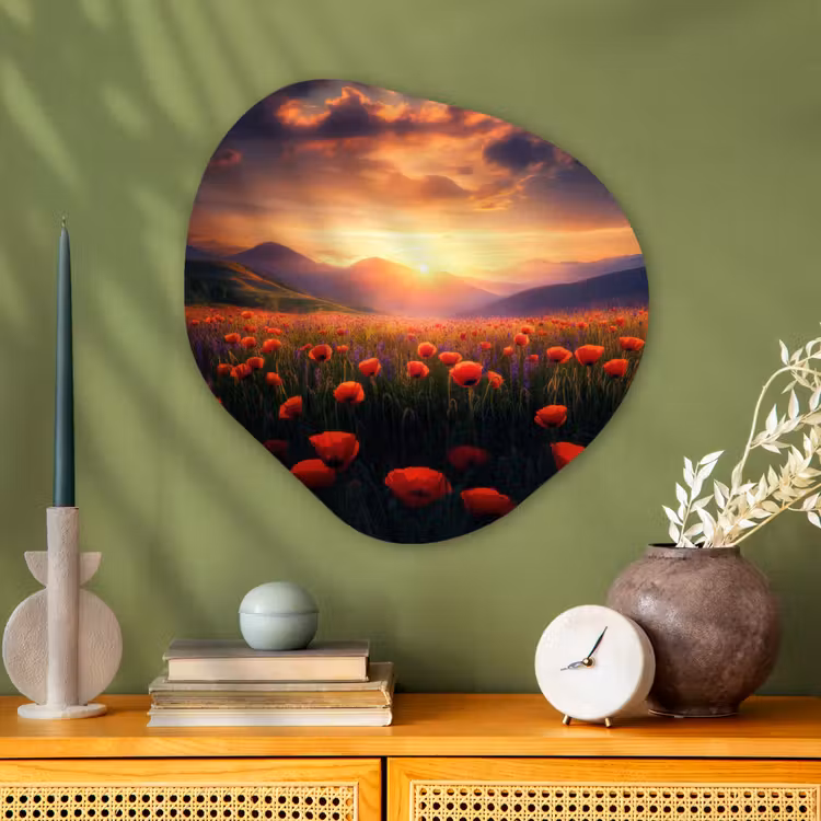 Landschap - Zonsondergang - Bloemenveld Wandcirkel Organisch Plexiglas middel -sfeer2
