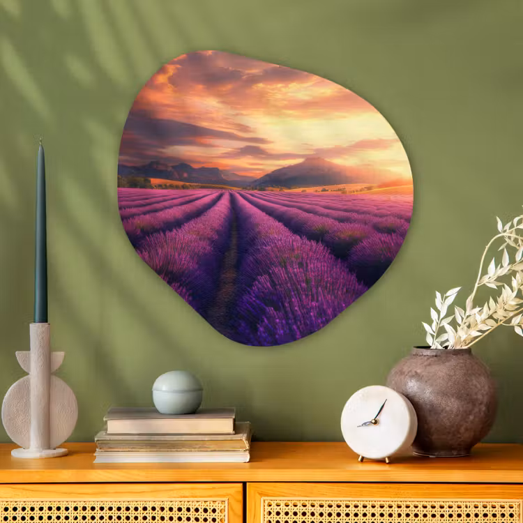 Lavendelveld - Zonsondergang - Paars Wandcirkel Organisch Plexiglas middel -sfeer2