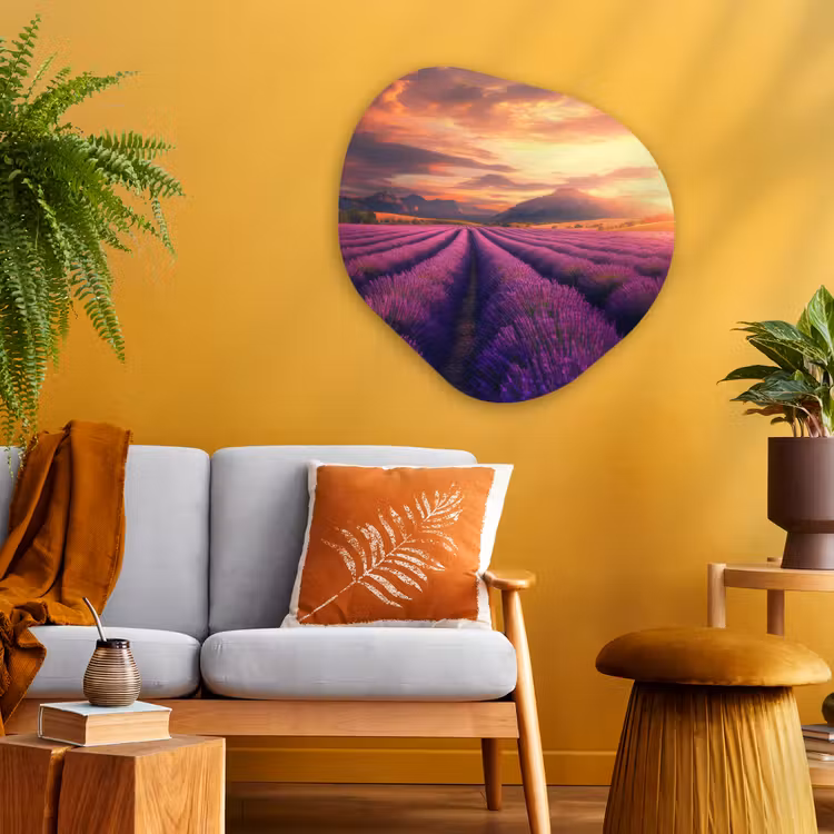 Lavendelveld - Zonsondergang - Paars Wandcirkel Organisch Plexiglas middel -sfeer4