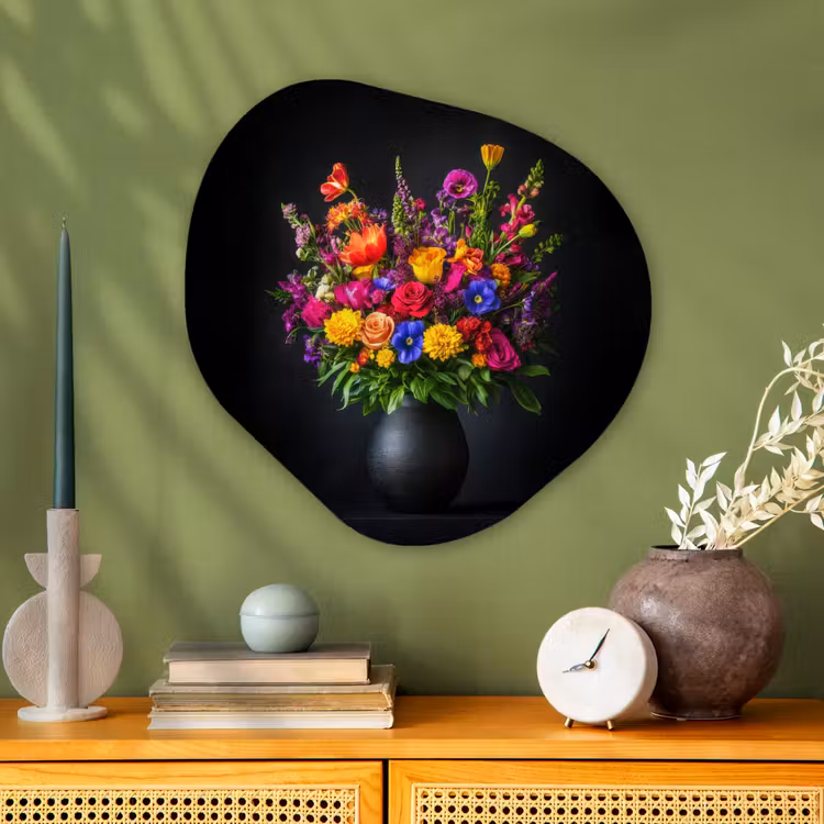Felgekleurd - Bloemen - Vaas Wandcirkel Organisch Plexiglas middel -sfeer2