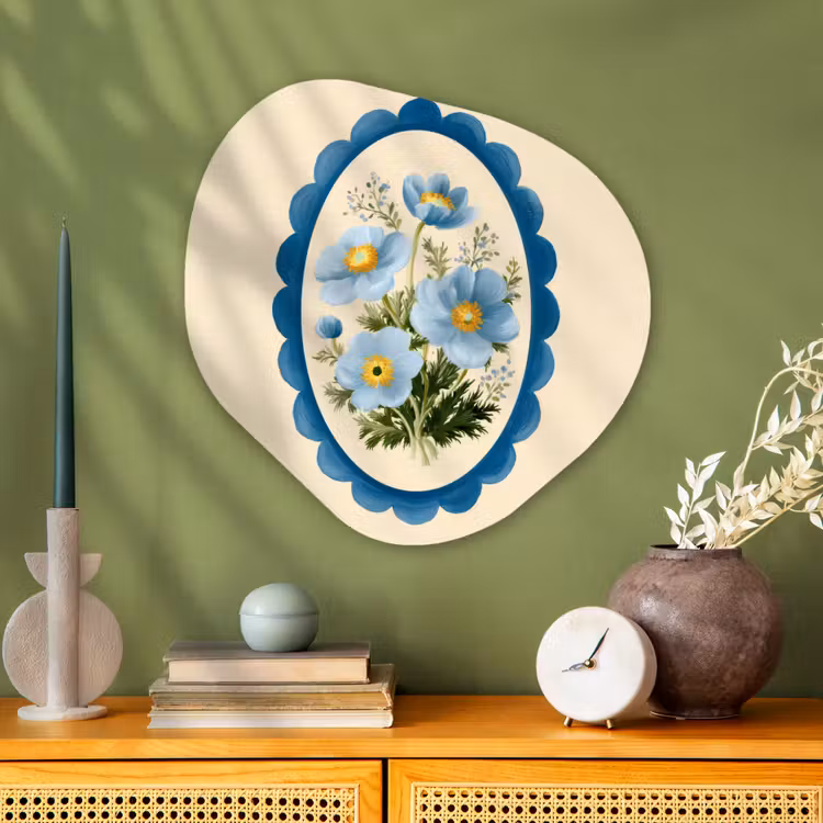 Lijst - Bloemen - Lichtblauw - Illustratie Wandcirkel Organisch Plexiglas middel -sfeer2