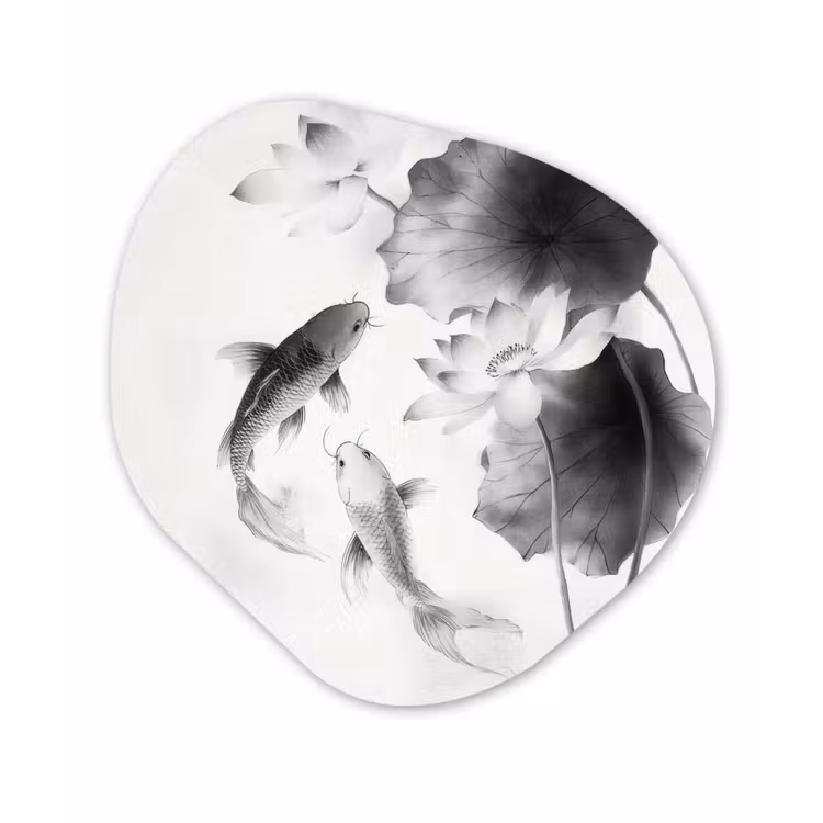 Lotusbloemen - Vissen - Bladeren - Zwart Wandcirkel Organisch Plexiglas middel -3d