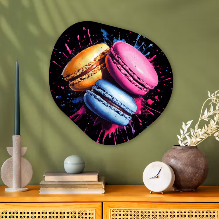 Macarons - Dessert - Graffiti - Kleurrijk - Roze - Blauw - Geel Wandcirkel Organisch Plexiglas middel -sfeer2