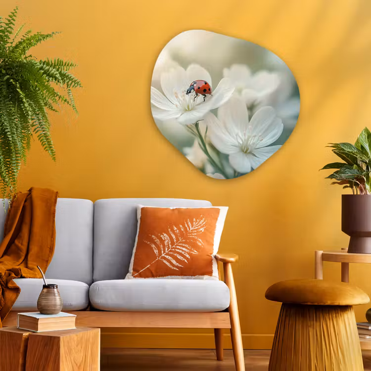 Lieveheersbeestje - Bloemen - Wit Wandcirkel Organisch Plexiglas middel -sfeer4
