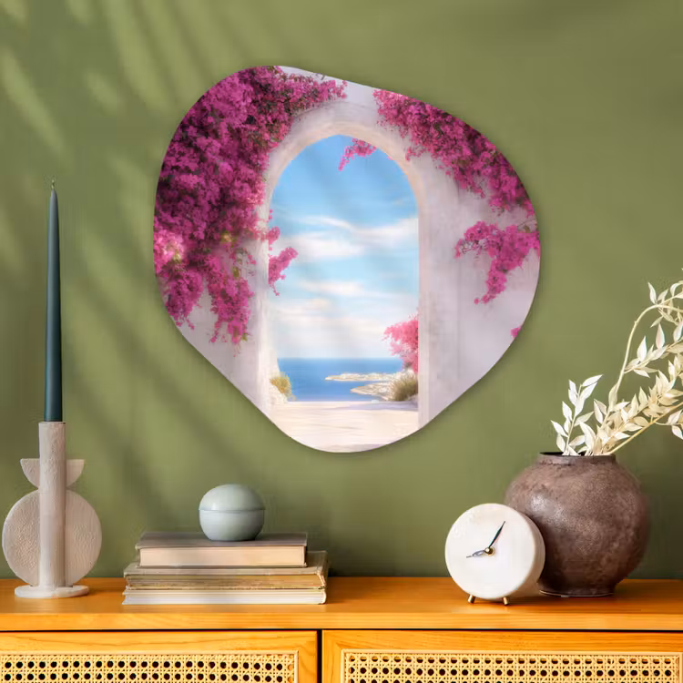 Zee - Roze - Bloemen - Poort Wandcirkel Organisch Plexiglas middel -sfeer2