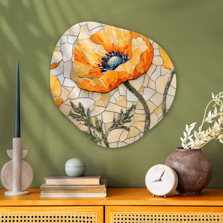 Klaprozen - Oranje - Mozaïek - Bladeren Wandcirkel Organisch Plexiglas middel -sfeer2