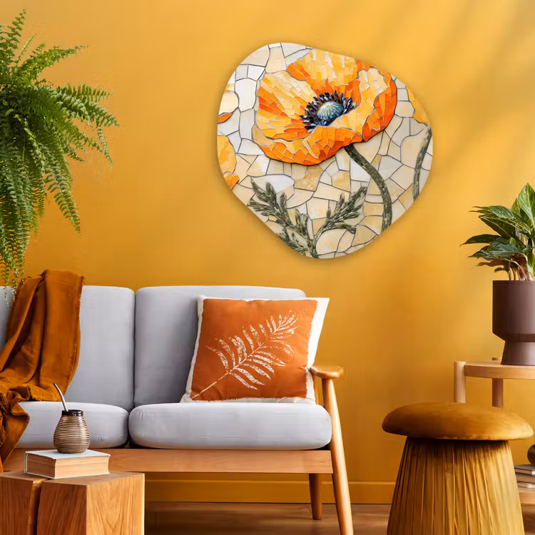 Klaprozen - Oranje - Mozaïek - Bladeren Wandcirkel Organisch Plexiglas middel -sfeer4