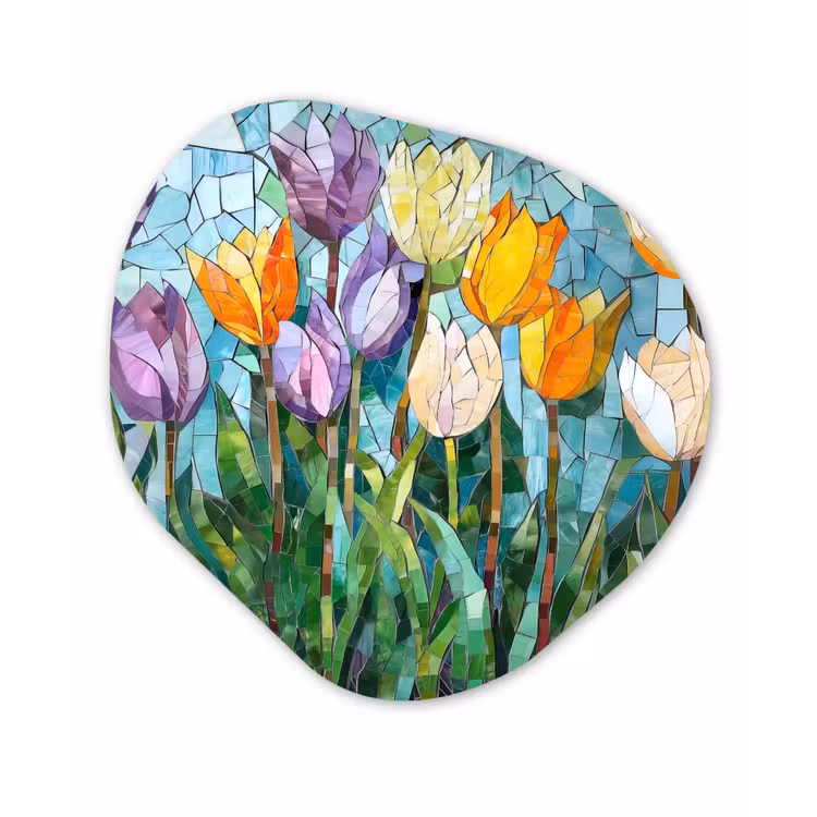 Mozaïek - Veld - Tulpen - Kleurrijk Wandcirkel Organisch Plexiglas middel -3d