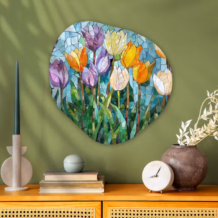 Mozaïek - Veld - Tulpen - Kleurrijk Wandcirkel Organisch Plexiglas middel -sfeer2