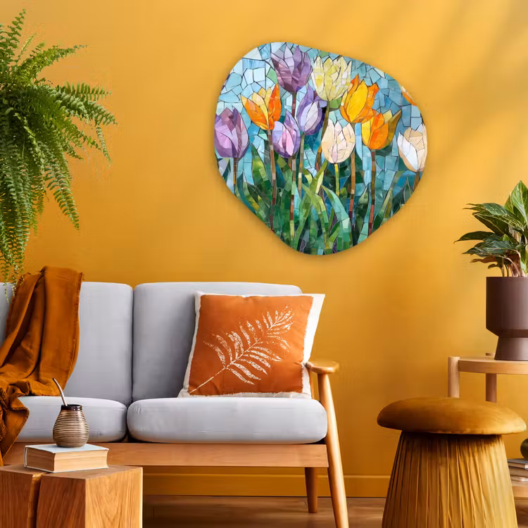 Mozaïek - Veld - Tulpen - Kleurrijk Wandcirkel Organisch Plexiglas middel -sfeer4
