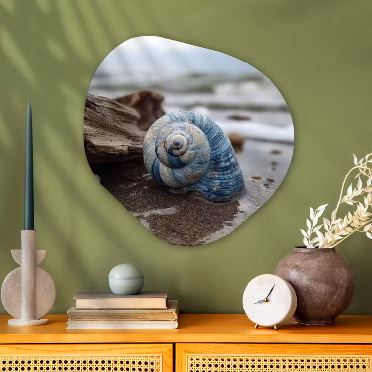 Schelp - Strand - Blauw - Zee Wandcirkel Organisch Plexiglas middel -sfeer2