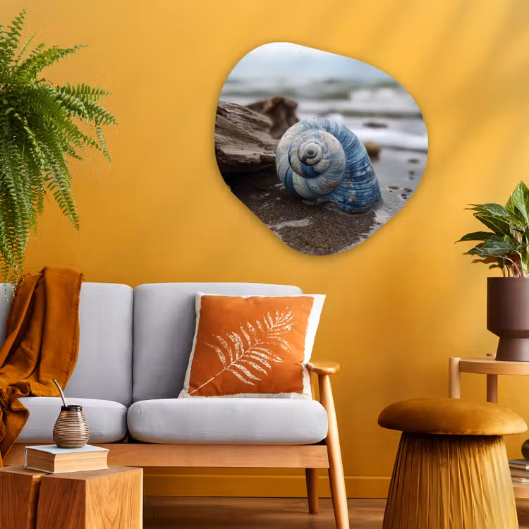 Schelp - Strand - Blauw - Zee Wandcirkel Organisch Plexiglas middel -sfeer4