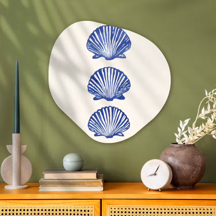 Schelpen - Blauw - Patroon Wandcirkel Organisch Plexiglas middel -sfeer2
