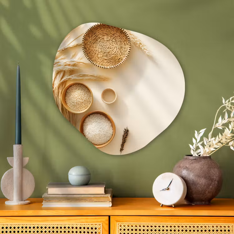 Granen - Hout - Kom - Beige Wandcirkel Organisch Plexiglas middel -sfeer2