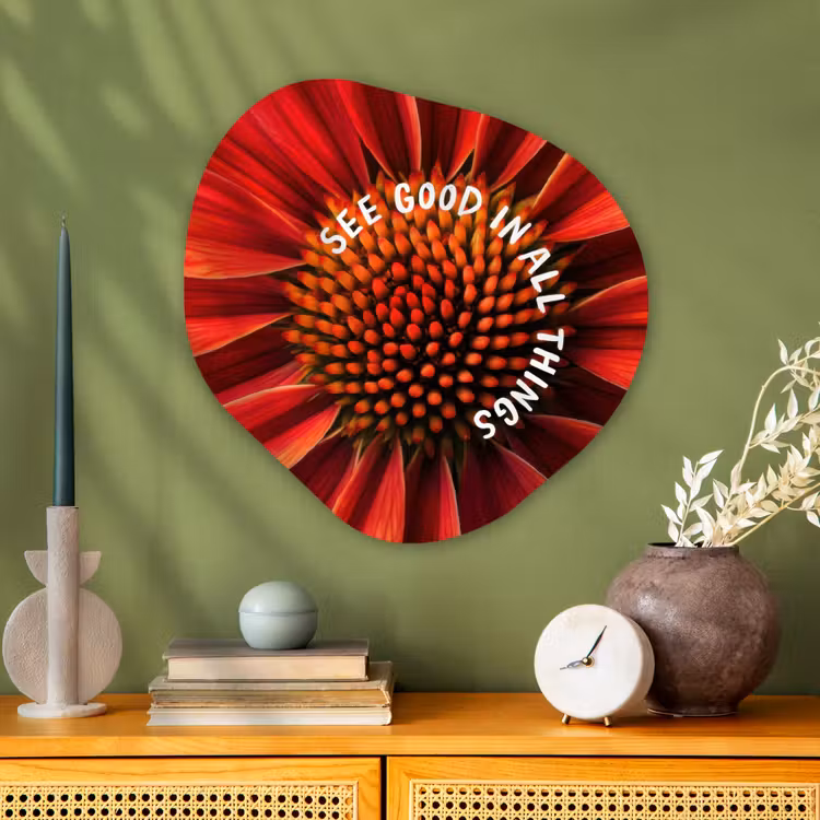 Close up - Bloem - Quote - Rood Wandcirkel Organisch Plexiglas middel -sfeer2