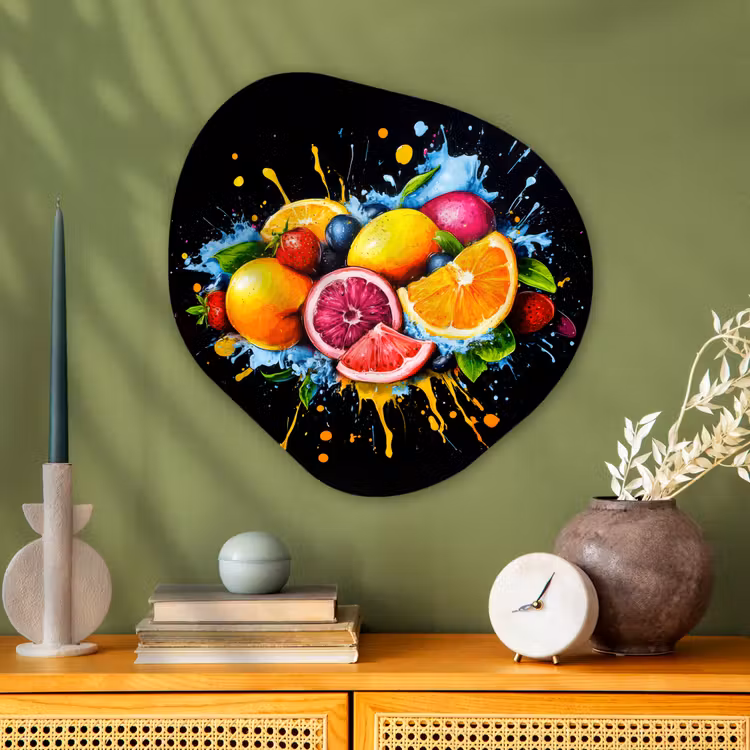 Fruit - Graffiti - Kleurrijk - Sinaasappel - Aardbei - Abstract Wandcirkel Organisch Plexiglas middel -sfeer2
