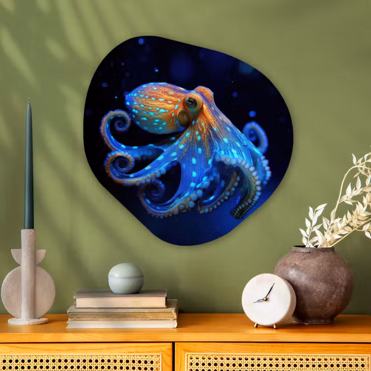 Octopus - Stippen - Blauw - Zee Wandcirkel Organisch Plexiglas middel -sfeer2