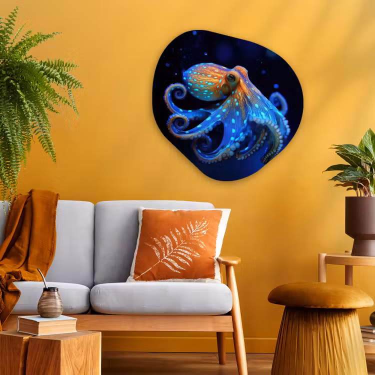 Octopus - Stippen - Blauw - Zee Wandcirkel Organisch Plexiglas middel -sfeer4