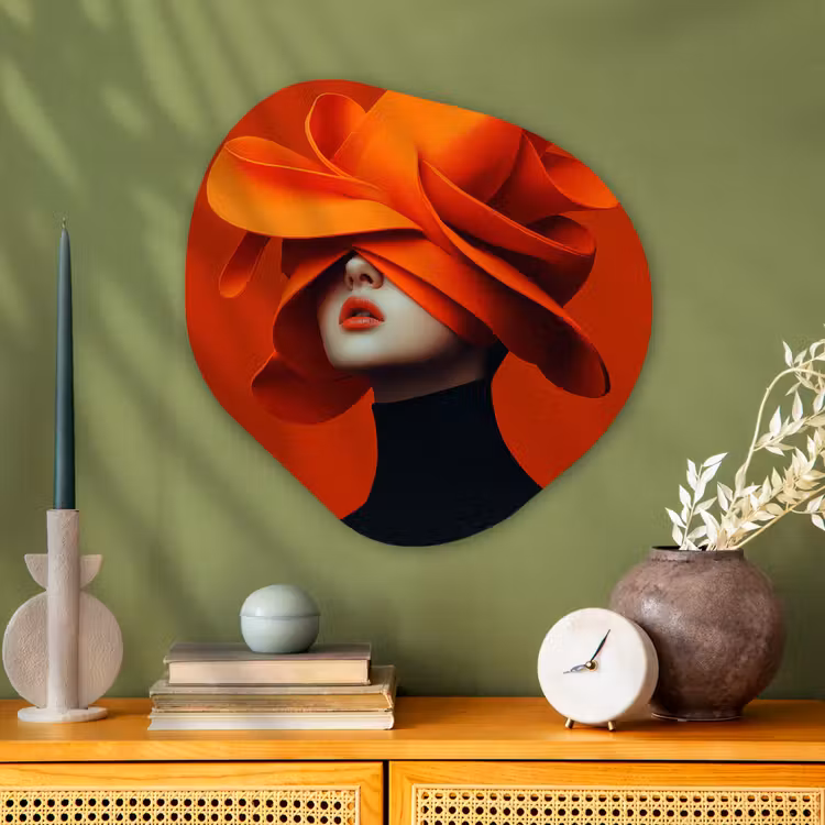 Oranje - Hoed - Vrouw Wandcirkel Organisch Plexiglas middel -sfeer2