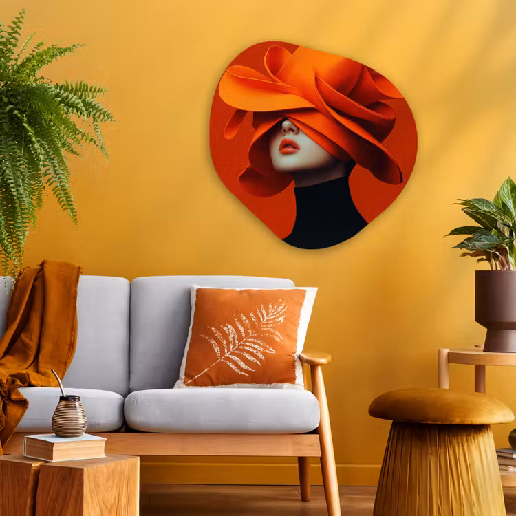 Oranje - Hoed - Vrouw Wandcirkel Organisch Plexiglas middel -sfeer4