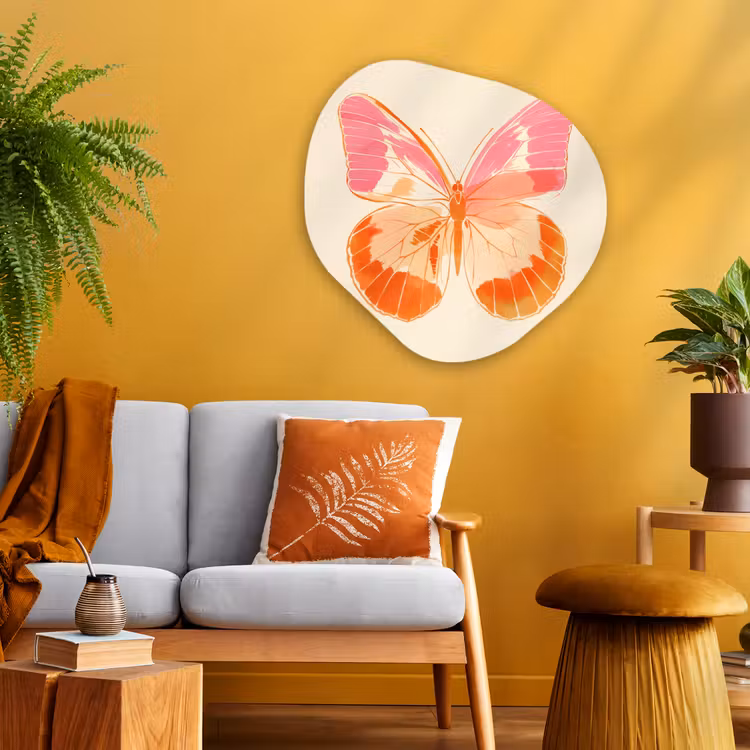 Oranje - Vlinder - Minimalistisch Wandcirkel Organisch Plexiglas middel -sfeer4