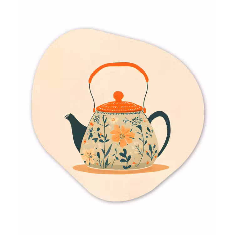 Oranje - Theepot - Bloemen - Bladeren Wandcirkel Organisch Plexiglas middel -3d