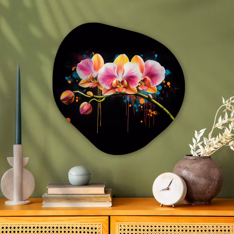 Orchidee - Graffiti - Kleurrijk - Bloemen - Abstract Wandcirkel Organisch Plexiglas middel -sfeer2