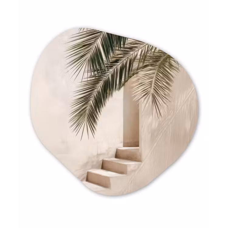 Palmboom - Schaduw - Trap - Beige Wandcirkel Organisch Plexiglas middel -3d