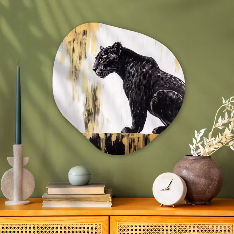 Panter - Zwart - Abstract - Goud Wandcirkel Organisch Plexiglas middel -sfeer2