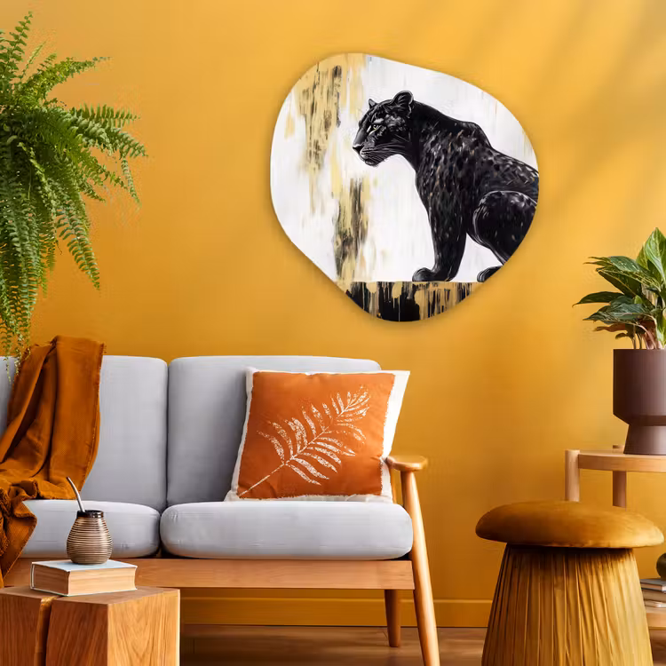 Panter - Zwart - Abstract - Goud Wandcirkel Organisch Plexiglas middel -sfeer4